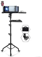 MTSDM Projector Stand with Wheels, Height Adjustable Movable Laptop Tripod Stand, Foldable Projector Tripod Floor Stand with Mouse Tray Phone Holder Storage Tray for Outdoor Movies Home Office Studio