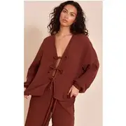 Dark Brown Cheesecloth Textured Tie Front Shirt, Dark Brown