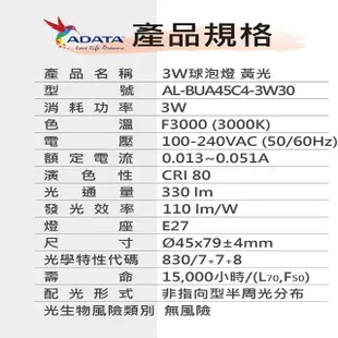 【ADATA 威剛】6入-ADATA 威剛 3W LED燈泡(白光/黃光 任選)