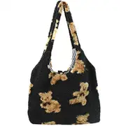 Nevenka Women Girls Cute Bear Plush Shoulder Bag Large Shopping Handbag-Black