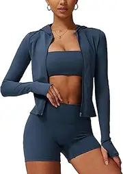 [ABEWIP] Women's Yoga Set 2 Piece Long Sleeve Zip Up Jacket and High Waisted Yoga Leggings Shorts Exercise Gym Workout Sets