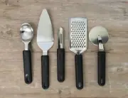 Set of 5 NEW kitchen utensils - scoop, cake server, peeler, grater, pizza cutter