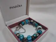 Authentic Pandora Charm Bracelet Silver 925 Charms & Glass Beads, Gift Box. Blue