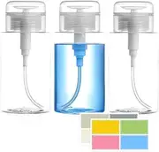 3 Pack Clear Push Down Pump Dispenser,Flip Top Cap Refillable Empty Bottle with Colorful Stickers,for Nail Polish,Makeup Remover,Toner,Alcohol 6.7oz/200ML