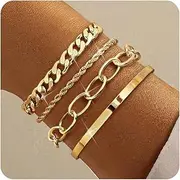 [TEN MIRO] 16k Gold Chunky Bracelet for Women Trendy, Dainty Gold Chain Bracelet Stack Non Tarnish Gold Bracelet Pack Chunky Layered Cable Rope Snake Chain Cuban Link Bracelet