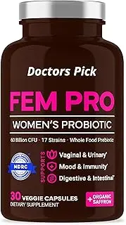 Doctors Pick Womens Probiotic | Based on 187 Clinical Trials – Patent-Pending Organic Prebiotic with Inulin, 59.5 Billion CFU + Saffron for Digestive, Immune, Vaginal, Mood, 30 Vegan Caps