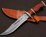 Custom Handmade Damascus Steel Hunting 13 inch Bowie Knife & Leather Sheath