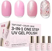 NAILOG Gel Nail Polish Set - 4 Colors Top Coat Color Gel Base 3-In-1 Soak Off UV Gel Polish Kit for Home DIY & Birthday Gifts for Women, Pink Fizz