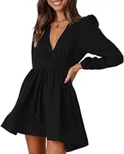 [TangDao] Women's Summer Dress V Neck Tunic Dress Long Sleeve Casual Swing Shift Girl Dresses for Spring Autumn