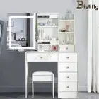 Dressing Table Stool Set, HD Lighted Mirror Vanity Desk with Drawers for Bedroom