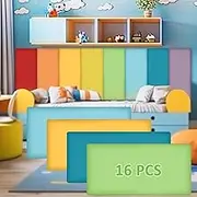 16 Pack Wall Padding Peel and Stick Headboard 15.75" x 7.87" x 1.18" 3D Anti Collision Upholstered Wall Panels Self Adhesive Headboard Panels for Playroom Protection, Bright Colors