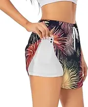 [WURTON] Beautiful Firework Print Exercise Gym Workout Shorts Women's Athletic Shorts Dual-Layered Yoga Running Shorts