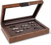 [Glenor Co] Cufflink Box for Men - Holds 70 Cufflinks - Luxury Display Jewelry Case Design - Metal Buckle Holder, Large Glass Top