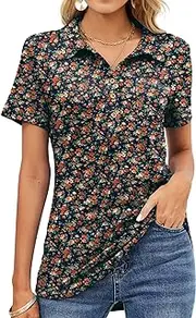 [TFSDOD] Womens Short Sleeve Polo T Shirts V Neck Business Casual Collared Button Down Tunics Office Work Tops with Pocket