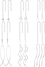 [JOERICA] 9 Pairs Threader Earrings for Women Stainless Steel Chain Tassel Earrings Lightweight Wave Threader Ball Dangle Drop Minimalist Chain Earrings Set