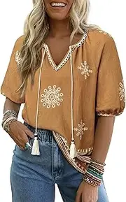 [Chvity] Womens Summer Boho Tops Flowy Floral Print Shirt Tie Front Vacation Clothes Casual V Neck Short Sleeve Blouses