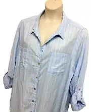Autograph Shirt Plus Size 22 Top Button Up Collar Linen Blue Stripe 3/4 Sleeve