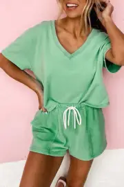 Mint Green V Neck Drop Shoulder Tee and Patchwork Drawstring Shorts Set