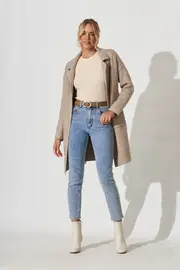 Quinzy Knit Coat Full Length Sleeve in Beige Taupe Marle Wool Blend S/M