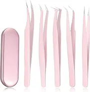 Chumia 5 Pcs Eyelash Extension Tweezers Volume Lash Tweezers Eyelash Extensions with Box Stainless Steel Pointed for Women Lash Extension Tools Supplies(Pink)