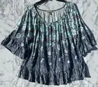 Style & Co XL Boho Floral Peasant Blouse Blue/Teal Rayon