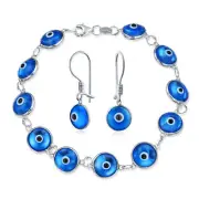 Protection Good Luck Amulet Strand Bracelet and Earrings Set Blue Evil Eye Beads
