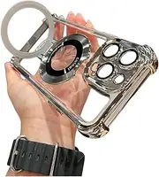 Four Corners Anti-Drop Magnetic Bracket Case Cover for iPhone, O Ring Invisible Folding Stand Phone Case, Electroplate Transparent Full Coverage Phone Case for iPhone (for iPhone14,Silver)