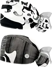 [YTYVAGT] 2-Pc,Nurse Scrub Caps,Scrub Hats with Buttons and Cotton Sweatband,Black and White Doganimals Dog