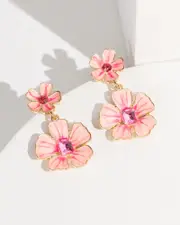 Pink Enamel Flower Crystal Earrings