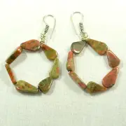 Natural Unakite Sterling Silver Earrings Fancy beads girl Formal Hoop Drop
