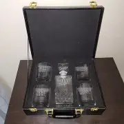 Dave & Buster's Whiskey / Liquor Glass Decanter Set: 4 10-Oz Tumblers + Case
