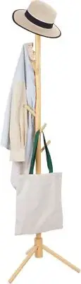 Coat Rack Freestanding Wooden Coat Rack with 8 Hooks Coat Tree 3 Adjustable H...