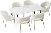 [OIKITURE] Dinning Table Set for 7, Rectangle Dining Table with Metal Legs, 6PCS Dining Chairs with Padded Seat, Marble Kitchen Table Top, 120cm x 70cm, Sherpa White