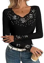 [KEOYA] Women's Long Sleeve T-Shirt Floral Lace Neckline Rhinestone Sparkly Cuffs Soft Casual Blouse