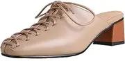 [Vrupons] Women's Square Toe Leather Mules Lace Up Detail and Block Heel Perfect for Everyday Fashion