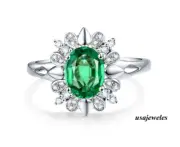 3CT Oval Cut Genuine Emerald Flower Style Wedding Jewelry Ring 14K White Gold FN