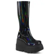 Demonia Shaker-65 Cyber Punk Goth Hologram Wedge Platform Knee High Boots