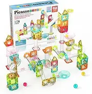PicassoTiles 60 pc Magnet Tiles Building Block Travel Size Magnetic Marble Run Construction Toy Set Mini Diamond Marble RaceTrack Building Blocks Playset Education STEM Learning Kit Boy Girl 3+ PTMG60