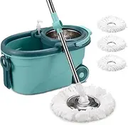 ZUNI 360° Spin Mop and Bucket Set with 3 Microfiber Replacement Head Refills, Wet Dust Mop Set with Adjustable Stainless Steel Handle for Home Cleaning, Green