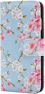 32nd Floral Design Leather Wallet Case for Apple iPhone 6 Plus (+ 6S Plus), Designer Flower Pattern Wallet Style Case Cover with Card Slots - Spring Blue