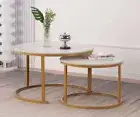 Set of 2 Coffee Table 80cm Round Nesting Side Table WhiteTop and Golden Frame