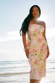 [PUP56] Willa Strapless Midi Dress - Acacia Blossom XS Pink
