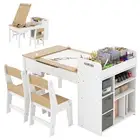 Kids Art Table & 2 Chairs Set Activity Craft Desk w/Paper Roll & Fabric Bins