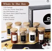 12 Pcs 8oz Airtight Glass Spice Jars with Bamboo Lids Spoons 140 labels with Pen