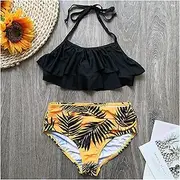 [LANREN] 5-14 Years Girl Swimsuit Kids Swimwear Leaf Print Teenage Girl Bikini Halter Girls Bathing Suit Children's Swimwear (Color : Black, Size : 12)