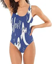 [RPLIFE] Whimsical Ghosts Deep Blue Swimsuits, One Piece Outdoor Back Swimsuit, Women Bathing Suits Belly Control