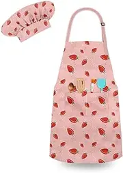DEABOLAR Kids Chef Hat and Apron, Adjustable Kids Aprons with Pocket Girls Boys Kitchen Toddler Aprons for Cooking Baking