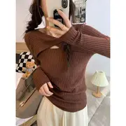 Long-Sleeve Plain Twist Cutout Knit Top Coffee - One Size