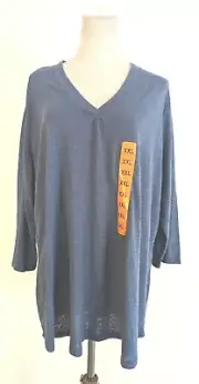 New Orvis women sz XXL Linen Blend Top or T-shirt blue v-neck knit burnout 2400