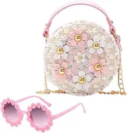 [Canpto] Cute Toddler Little Girls Round Crossbody Bag with Sunglasses Embellished with Pearl & Flower Mini Princess Style Handbag